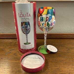 NEW Lolita Birthday Streamers 15 oz Hand-painted Collectible Sparkle Wine Glass